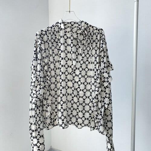 Woman Vintage black white Floral Print Silk Blouse V-neck with ties Ruffles Long Sleeves Tops