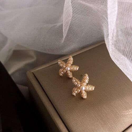 New Trendy Simple Starfish Stud Earrings Charms Luxury Pearl Star Korean Gold Earrings Ear Jewelry for Women 2021 Statement Gift