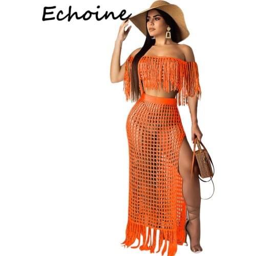 Echoine Off Shoulder 2 Piece Set Women Sheer Grid Tassel See Through Short Sleeve Crop Top + Long Dress Outfits