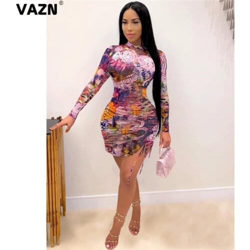VAZN 2020 Autumn New Arrival Little Chap Retro Plus Size Bandage Top Turtleneck Full Sleeve High Waist Women Thin Mini Dress