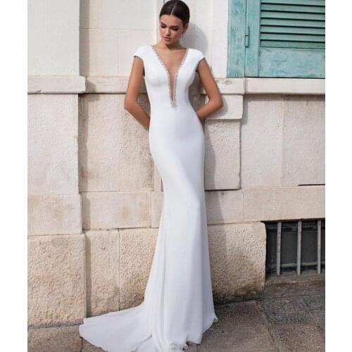 Wedding Dress Mermaid Deep V-Neck Cap Sleeve Crystal Diamond Satin Floor Length Sweep Train Elegant Bride Gown Custom Made New