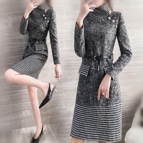 2020 New Spring Autumn Tweed Dress Women Elegant Vintage Turtleneck Midi Ladies Chic Dresses Slim Long Sleeve Female Vestido 745
