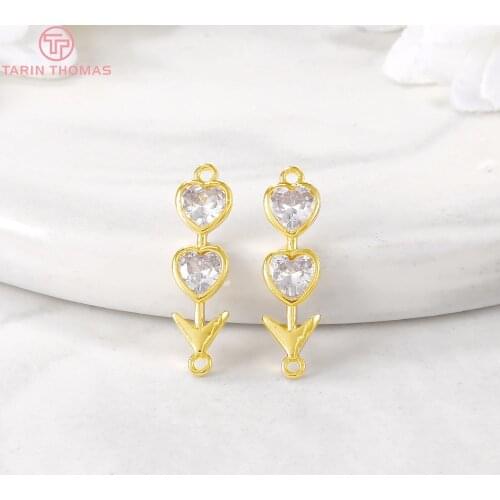 2PCS 5x29MM Hole 1MM 24K Gold Color Plated Brass with Zircon Two Heart Charms Pendant Connector High Quality Jewelry Accessories