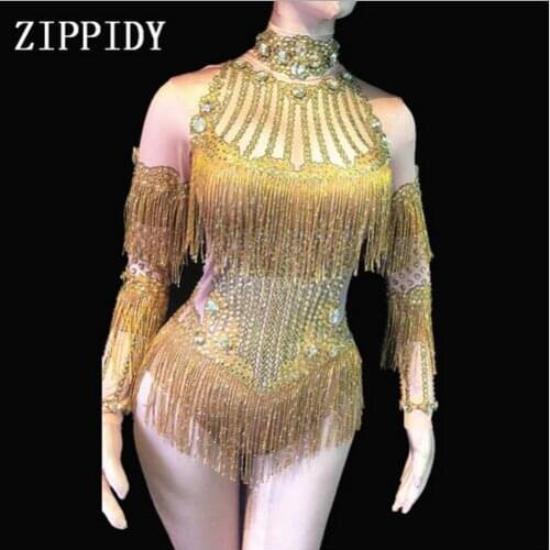 2018 Sparkly Crystals Stretch Fringes Bodysuit Womens Party Evening Celebrate Tassel Costume Outfit Singer Dance Stage Show Wea