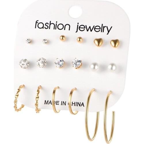 9Pair/Set Women Jewelry Accessories Crystal Pearl Hoop Eardrop Earrings Set Trendy Heart Round Ear Earring