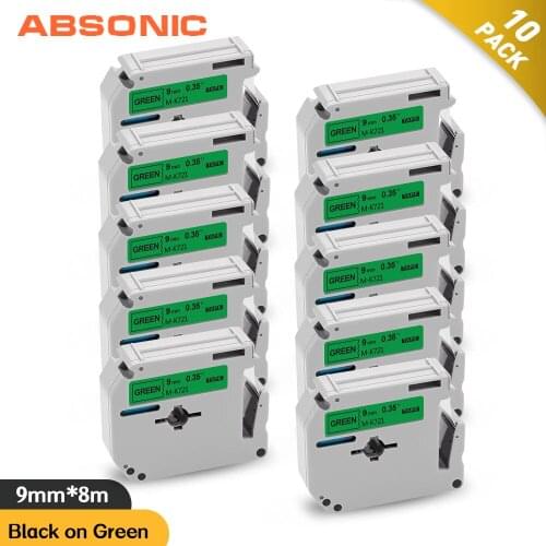 Absonic 10PK M Tape for Brother MK 721 Pinter Ribbon MK-721 Black on Green Label Tape 9mm MK721 for Brother P touch Label Print