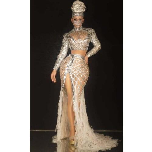Flashing Silver Sequins White Fringe Long Train Birthday Celebrate Prom Transparent Dress Women Dancer Show Costume