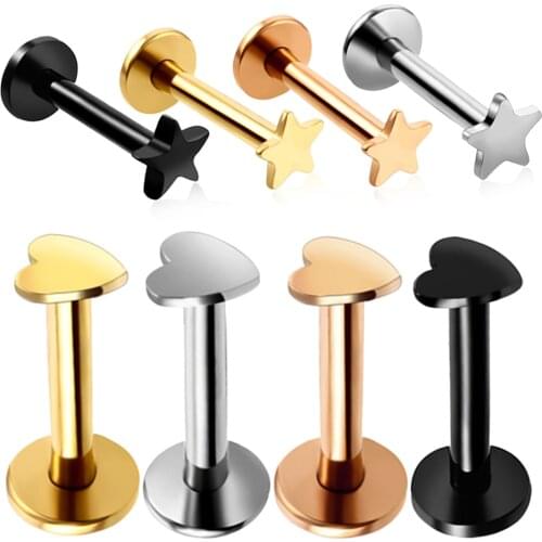16G 4Pcs/lot Labret Lip Studs Stainless Steel Piercing Heart/Star Internally Thread Studs Ear Tragus Helix Piercing Body Jewelry