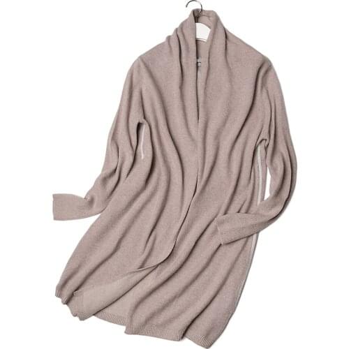 High grade 100%goat cashmere knit women fashion cardigan sweater coat mid-long open stitch pile collar one&over size