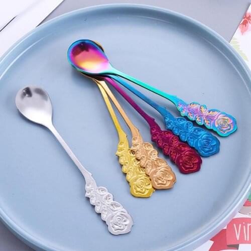 Coffee Spoon Rose Design Handle Dessert Stainless Steel Stirring Teaspoon Tableware for Kitchen