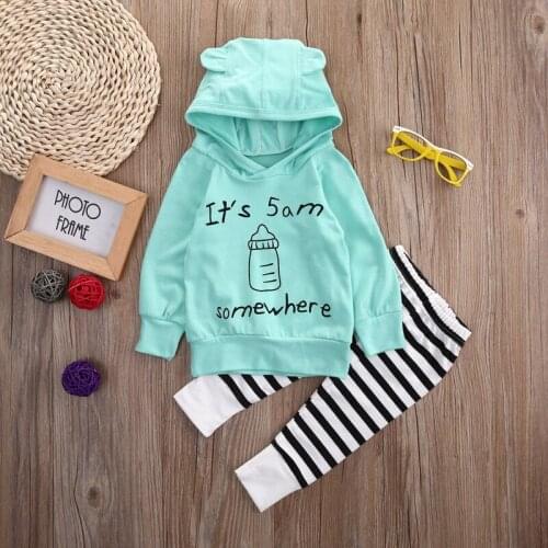 2020 Spring Baby Boy Girl Clothes Set Hooded Clothing Sets Infant Babies Hoodie ItS 5 AM Somewhere Tops+Stripe Pants Outfits