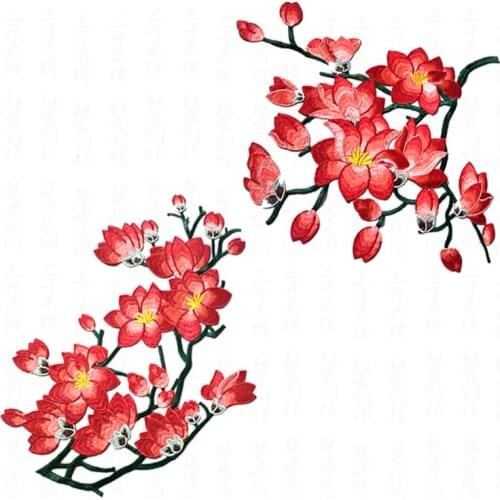 Red Magnolia Flower Embroidery Patches Sticker for Clothes Parches Para La Ropa Applique Embroidery Flower Patches