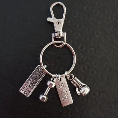 Strong Is Beautiful Dumbbell Keychain Boxing Gloves Keychain Sports Gym Bodybuilding Spin Keychain