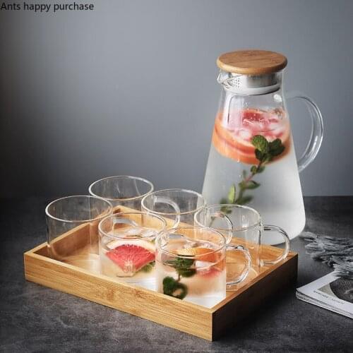Transparent Glass Cold Kettle Set Home Use Heat-resistant High Capacity Cup Pot 7 Piece Set with Wooden Pallet Afternoon Tea Set