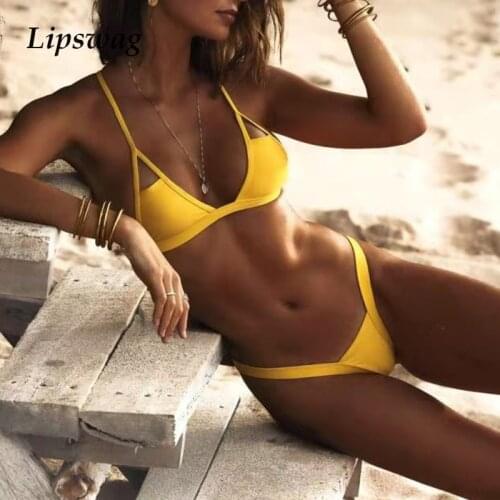 Solid Color Sexy Women Swimwear Bikini Two Piece Bandage Cross Swimsuit Female Bikini Set Push Up Beachwear Thong Bathing Suits