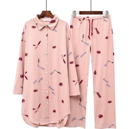 Autumn New loose large size pajamas women winter sleepwear set fat MM cotton long sleeve trousers ladies pyjamas suit home wear