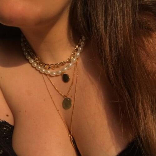 FNIO Punk Multi Layered Pearl Choker Necklace Collar Statement Virgin Mary Coin Crystal Pendant Necklace Women Jewelry