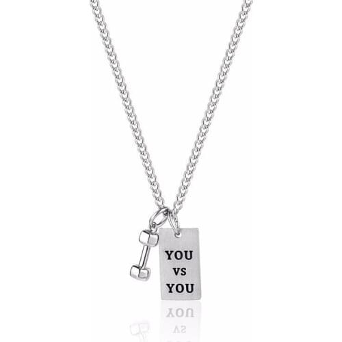 RIR Simple Silver Color Small Dumbbell Square Pendant Necklace Stainless Steel Sports Creative Design Jewellery Necklace Gifts