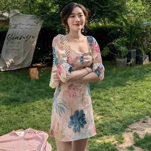 Casual Dresses Women Floral A-line Puff Sleeves Vintage High Waist Elegant Summer Square Collar Retro Backless Female Mini Dress