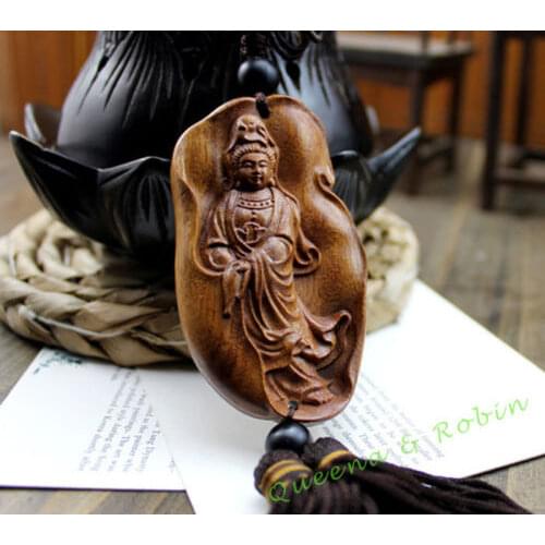 Wood Carving Chinese Knot Quan Guan Kwan Yin Car Pendant Amulet Wooden Craft