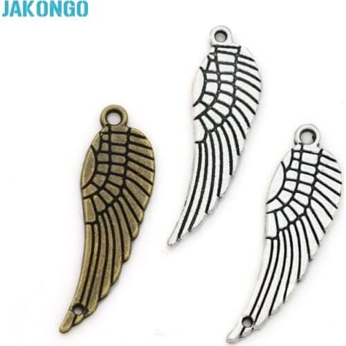 JAKONGO Antique Silver Plated Angel Wings Charms Pendants for Bracelet Jewelry Making DIY Handmade 30x10mm 20pcs/lot