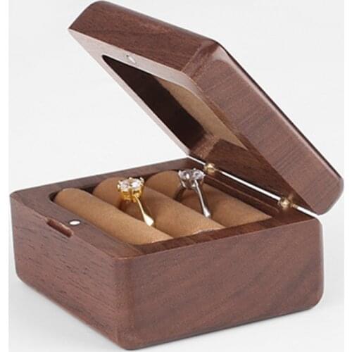 Luxury Square Walnut Wood Engagement Double Rings Box Jewelry Wedding Rings Storage Case Gifts