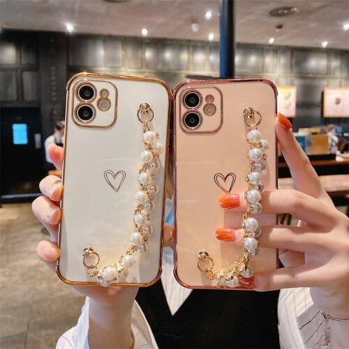 Luxury Plating Heart Phone Case For iPhone 12 11 Pro X XR XS Max Mini 7 8 Plus SE2 Wrist Chain Bracelet Soft Silicone Back Cover