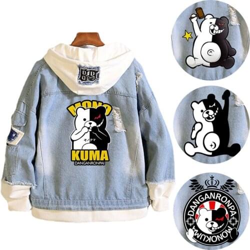 Danganronpa Monokuma Denim Hoodies Cosplay Streetwear Tops Halloween Unisex Costume Jacket Hooded Sweatshirt Outwear Coat