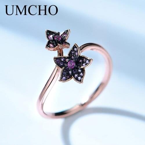 UMCHO 925 Sterling Silver Jewelry Silver Black Plated Flower Adjustable Rings For Girls Birthday Gift Fine Jewelry