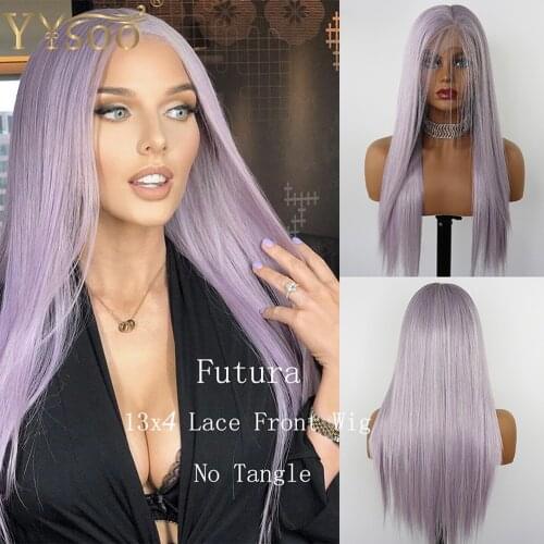 YYsoo Long Mixed Highlights Futura Lace Front Wigs For White Women 13x4 Silky Straight Glueless Synthetic Purple Wig Baby Hair