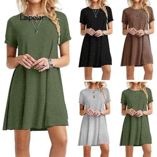Womens Summer Plus Size Short Sleeves Midi Swing T-Shirt Dress Plain Solid Color Crew Neck Casual Loose Pullover Tunic Tops