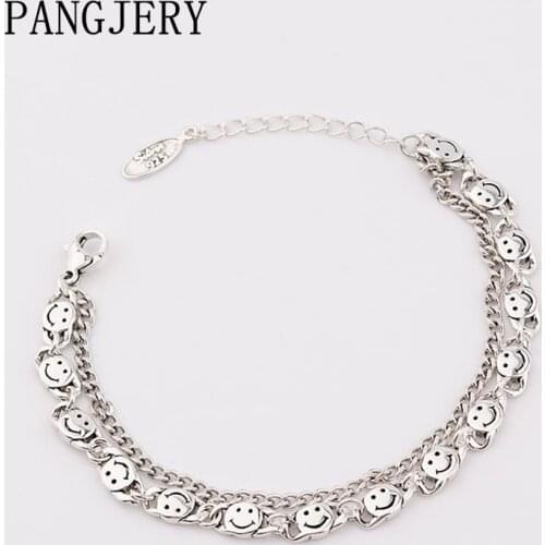 PANGJERY 925 Sterling Double Layer Bracelets for Women INS Fashion Simple Creative Smiley Face Chain Anniversary Jewelry Gifts
