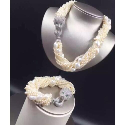 Hot sell 10row Womens Leopard head clasp accessory white freshwater pearl necklace bracelet set fashion jewelry