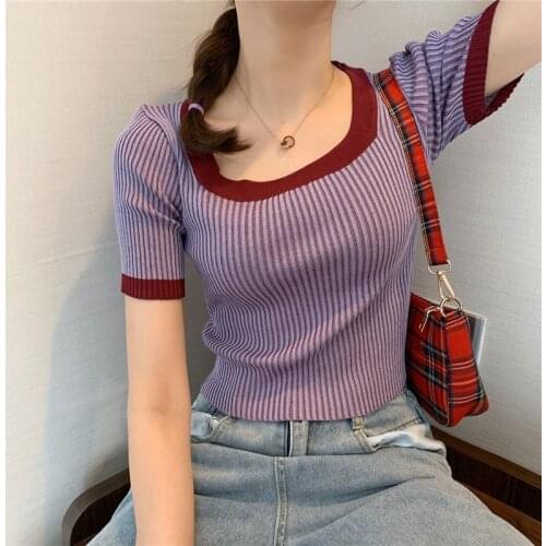 Women O-neck Short Sleeve Cropped Sweater Shirts Tops Girls Knit Elastic Contrast Color Sheath Tee Shirts Crop Top Pullover Girl
