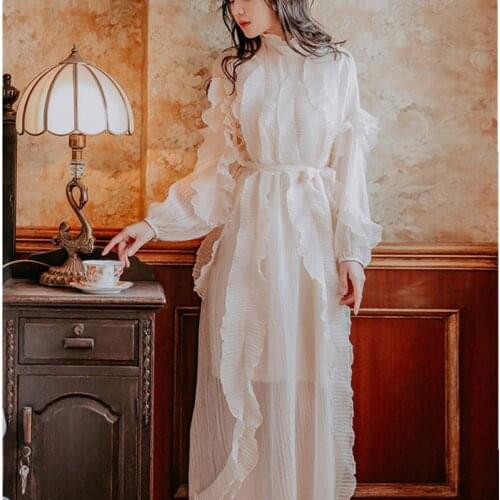Comelsexy 2021 Women Spring /fall Elegant Long Sleeve White Pleated Ruffle Maxi Long Dress High-end Runway Dress Vestidos