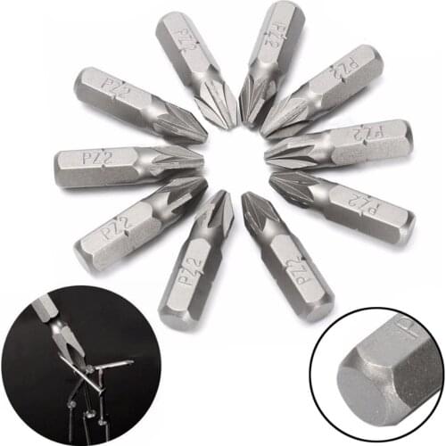 10pcs Sliver Pozi 2 PZ2 x 25mm Drive Screwdriver Bits Hex Magnetic Power Tools