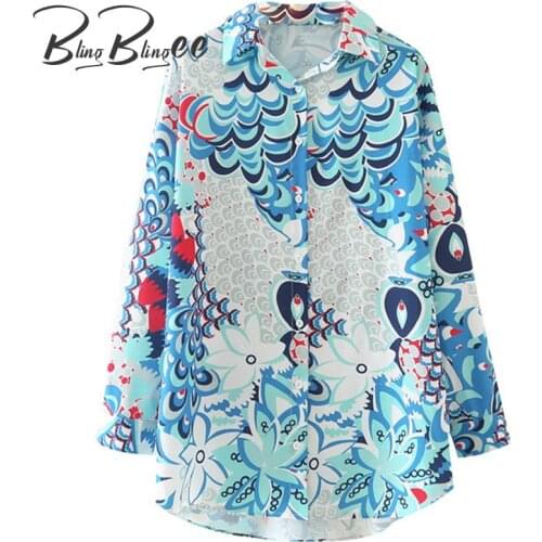 BlingBlingee Za 2021 Summer Woman Casual Blouses Traf Tops Vintage Totem Print Long Sleeve High Low Hem Loose Shirts Blue Female