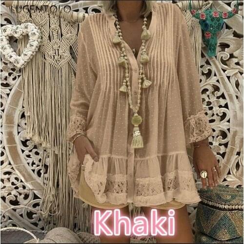 Women Large Size Blouse Lace Chiffon Summer Dot Tops Female Casual Loose Fashion Button Street T-shirts