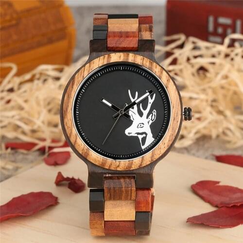 Steampunk Colourful Wooden Watches Deer Pattern Design Clock Quartz Movement Timepiece Handmade Wood Bangle for Men reloj Gift
