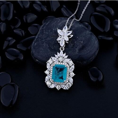 Pure Sterling Silver 925 Chain Fashion Vintage 9*11mm Paraiba Pendant Full Diamonds Charm Necklace For Women Party Fine Jewelry