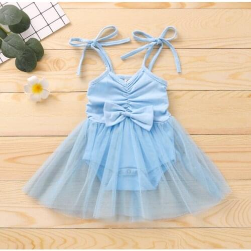 Kid Camisole Dress Bodysuit with Bow Decoration, Mesh Stitching Sweet Style Bowknot Summer Clothing