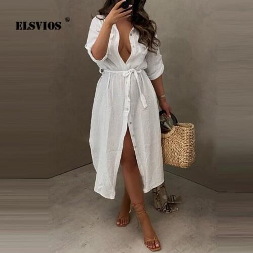 Elegant Slim Summer Women Fashion Turn-down Collar Buttons Cardigan Shirts Dress Casual Long Sleeves Solid Color Office Vestidos