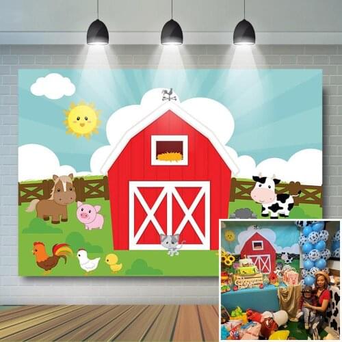Cartoon Farm Birthday Backdrop Red Farm Barnyard Baby Shower Background Farm Animals Children Birthday Party Banner Decoration