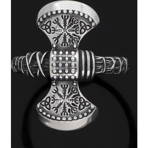 Classic Nordic mythology buccaneer Viking compass rune double-headed axe metal stainless steel ring
