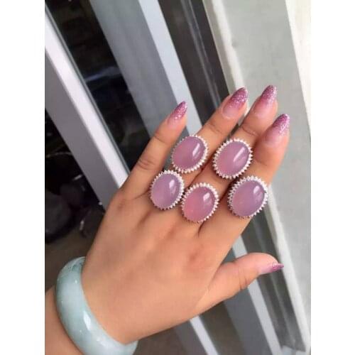 Natural pink chalcedony Ring Natural gemstone ring S925 sterling silver trendy luxurious big round women girl gift Jewelry