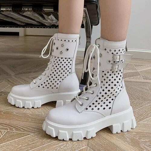 Leather White Hollow Mesh Boots 2020 Autumn New Breathable Short Boots Women High-heeled Platform Back Zipper Thick Bottom Boots