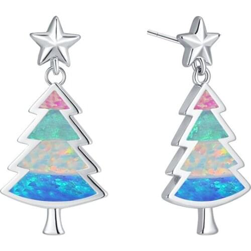 Cute Female Silver Color Stud Earrings Boho White Blue Fire Opal Earrings Unique Style Christmas Tree Earrings For Women