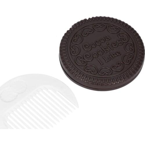 Cute Chocolate Cookie Shaped Design Makeup Mirror with Comb Lady Women Makeup Tool Pocket Mirror Home Office Use