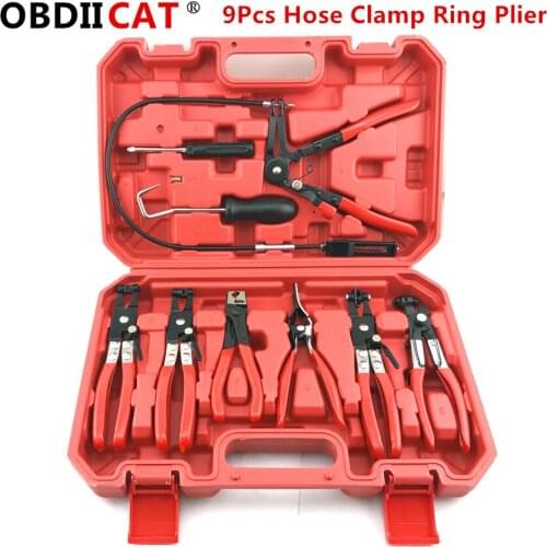 OBDIICAT 9Pcs Hose Clamp Ring Plier Clip Set Flexible Cable Plier Swivel Jaw Tool Hose Clamp Plier Set Cooling System