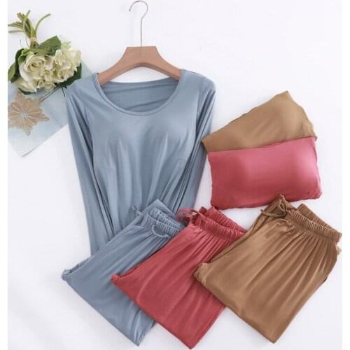 Modal Pajamas Sets Women Casual Bra Pad Sleepwear Suits Spring Autumn Long-Sleeved Home Clothing Winter Ladies Pyjama Lingeries